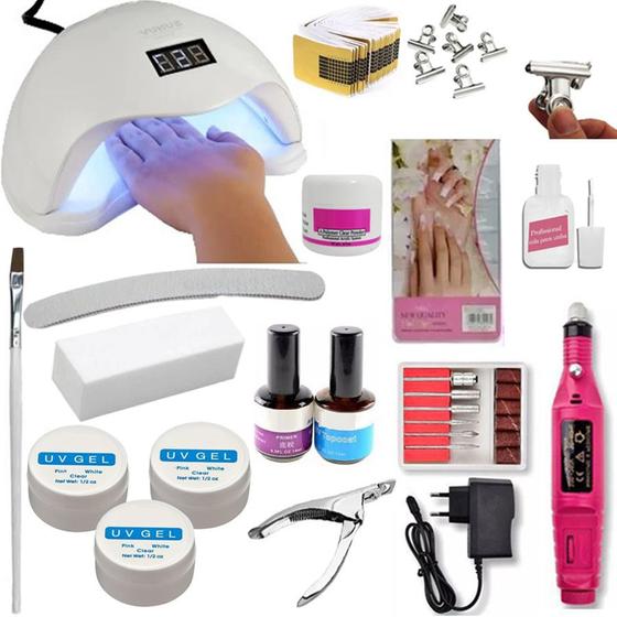 Imagem de Kit Unha Acrigel Gel Porcelana Unhas 48w Led Uv Nails Bivolt 12 Leds Alongamento de Unhas