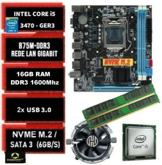 Imagem de Kit Upgrade gamer Intel I5-3470 +DDR3 16GB RAM +Placa Mãe H61/B75 Nvme M2