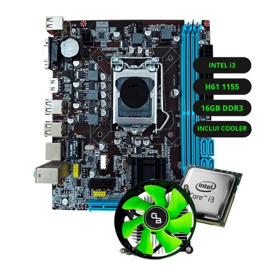 Imagem de Kit Upgrade Intel Core i3 Placa Mãe H61 Memória Ram 16GB DDR3