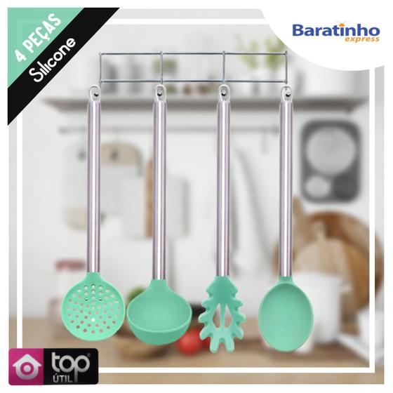 Imagem de Kit Utensílios 4 Peças De Silicone Verde Cabo Aço Inox