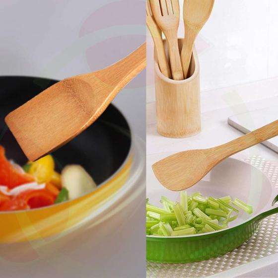 Imagem de Kit Utensílios Bambu 5Pçs c/ Suporte Antiaderente Resistente Elegante