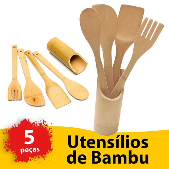 Imagem de Kit Utensílios Bambu Espátulas Colher Pau Madeira 5 Peças Cozinha Natural Gourmet Culinário