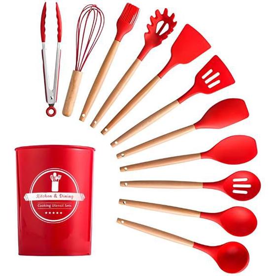 Imagem de Kit Utensílios Cozinha 12 Pcs Silicone Antiaderente VERMELHO