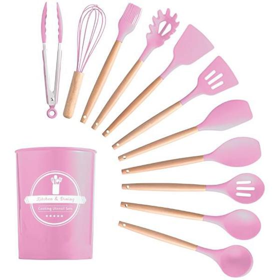 Imagem de Kit Utensílios Cozinha 12 Peças Silicone Antiaderente ROSA