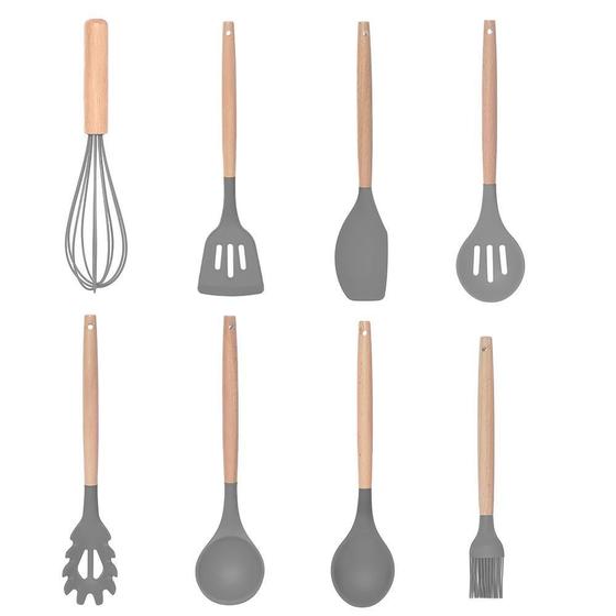 Imagem de Kit Utensílios Cozinha 8 Pçs Silicone Cabo Bambu Cozinha