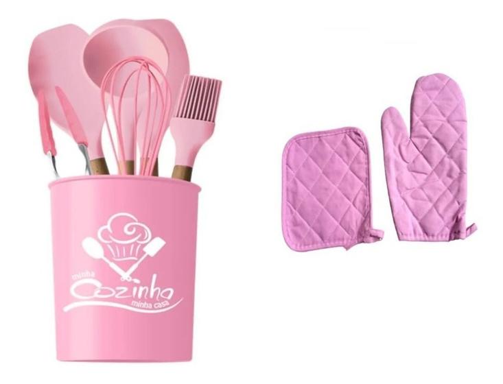 Imagem de Kit Utensílios Cozinha Colheres Silicone Rosa Luva E Descanso Panela Pincel Espátula