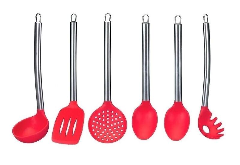 Imagem de Kit Utensílios Cozinha Colheres Silicone Verm Cabo Inox 6pçs