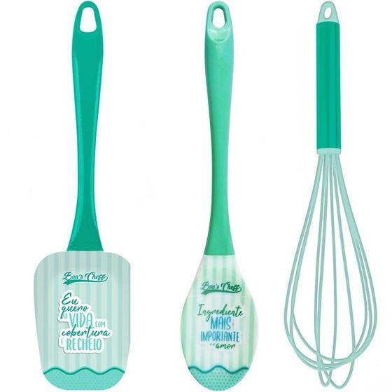 Imagem de Kit Utensílios Cozinha Espátula Colher Fue Verde Decorados