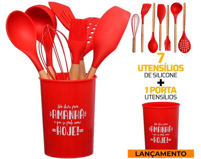 Kit Utensílios Cozinha Silicone Colher Copo Suporte 8 Peças - Etilux Imagem de Kit Utensílios Cozinha Silicone Colher Copo Suporte 8 Peças