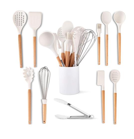 Imagem de Kit Utensílios Cozinha Silicone Com Bambu Branco 11 Peças