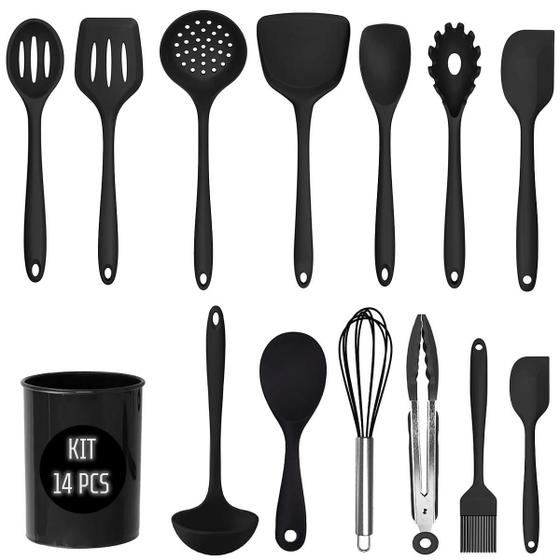 Imagem de Kit Utensilios Cozinha Silicone Jogo 14 Peças Inox Colheres