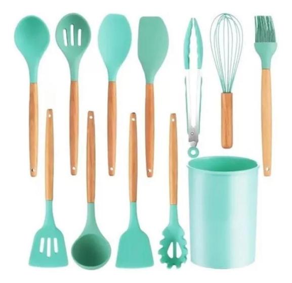 Imagem de Kit Utensílios Cozinha Talher Silicone 12 Peças Cabo Madeira