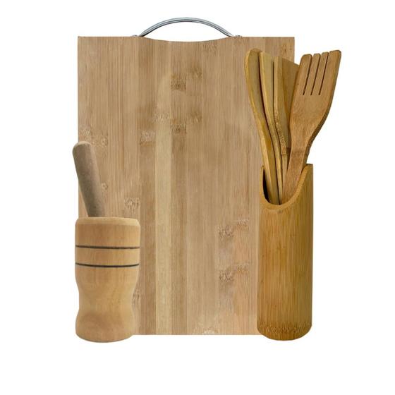 Kit Utensílios de Bambu com Tábua de Corte e Pilão
