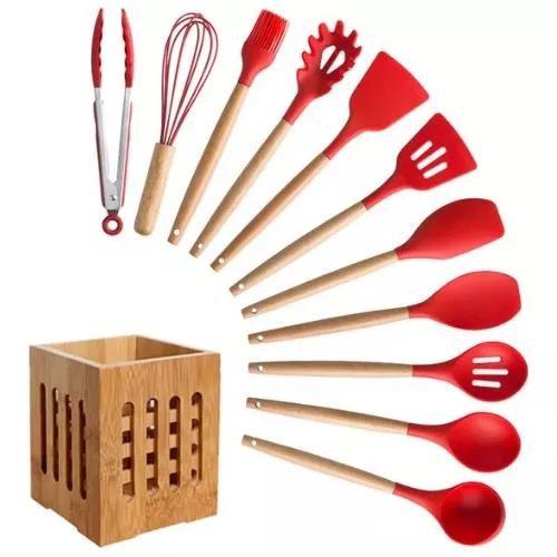 Imagem de Kit Utensílios De Cozinha 12 Peças Silicone Cesto Bambu