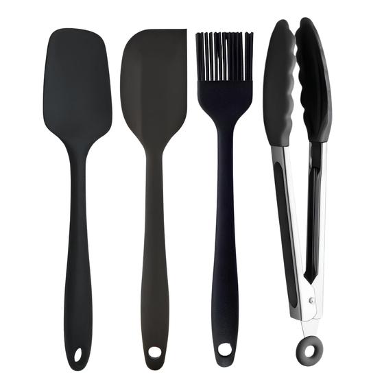 Imagem de Kit Utensílios de Cozinha Em Silicone Preto 4 Peças Jogo Culinário Alta Qualidade Com Pegador CTrava