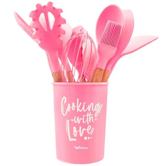 Imagem de Kit Utensílios De Cozinha Silicone 12 peças e Suporte Cesto Porta Talheres Escumadeira Concha Espátula Colher 