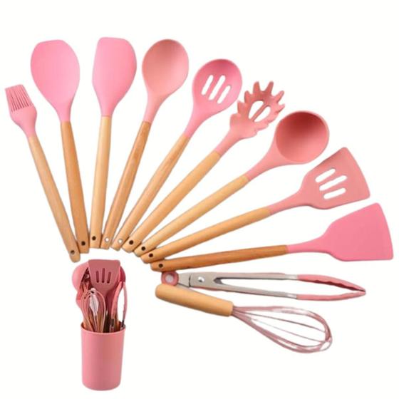 Imagem de Kit Utensílios de Cozinha Silicone Com Cabo Madeira Jogo Completo 12 Peças