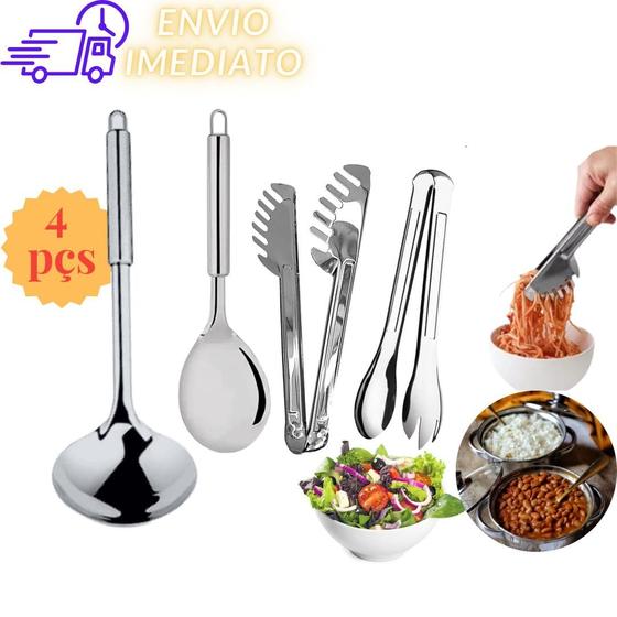 Imagem de Kit Utensilios de Inox Colher Concha Pegador de Massa Pegador de Salada Arroz Feijão Caldos Sopa Macarrão