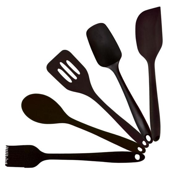 Imagem de Kit Utensílios de Silicone 5 Peças Preto para Cozinha Linha Premium Alta Qualidade Versátil