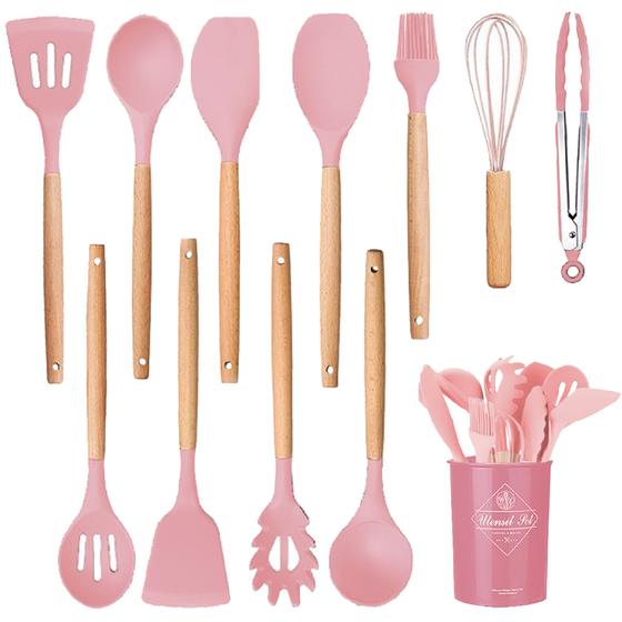 Imagem de Kit Utensílios De Silicone Jogo Com 12 Peças Para Cozinha Com Cabo De Madeira