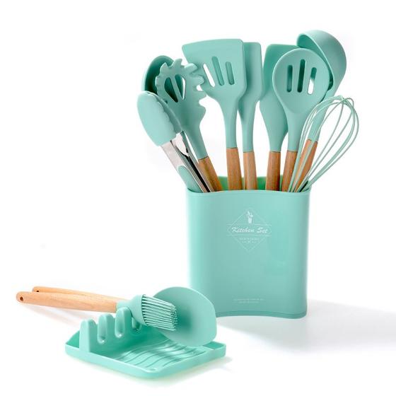 Kit Utensílios de Silicone para Cozinha 13 peças Verde Água Com Cabo de Madeira Jogo para Cozinha Menor preço em Kit Utensílios de Silicone para Cozinha 13 peças Verde Água Com Cabo de Madeira Jogo para Cozinha