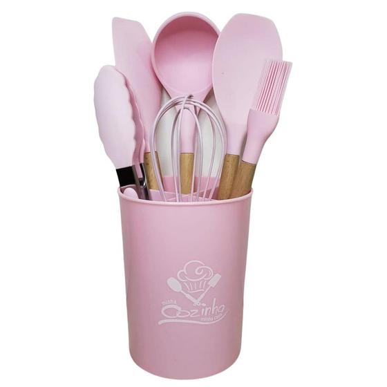 Imagem de Kit Utensílios de Silicone Rosa Cozinha 7 Peças Com Cabo de Madeira