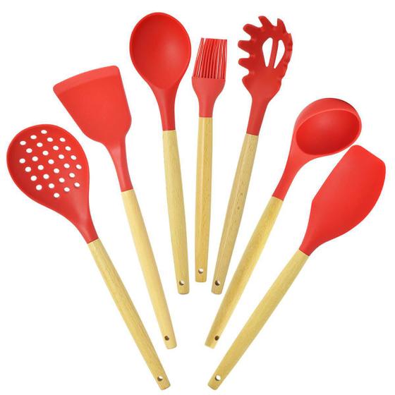 Imagem de Kit Utensílios De Silicone Vermelho Cabo De Madeira 7 Peças