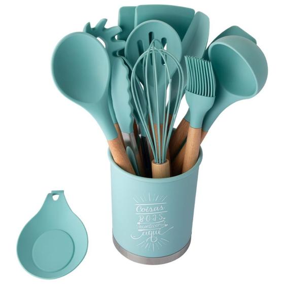 Imagem de Kit Utensílios Em Silicone Com Cabo de Madeira Azul 13 Peças