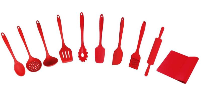 Imagem de Kit utensilios para cozinha em silicone inteiriço vermelho 10 peças