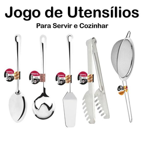 Imagem de Kit Utensilios Para Cozinhar 5 Pecas - Jogo inox Conjunto - Peneira - Concha - Colher - Espátula bolo - Pegador de Massas e Frios - PANAMI