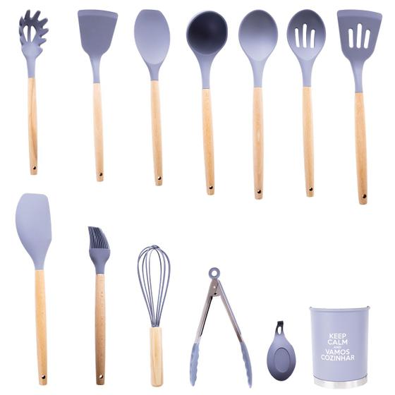 Imagem de Kit Utensílios Silicone Cozinha Cinza Suporte 13un Madeira 211333 201321