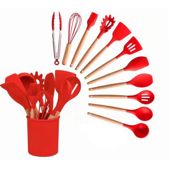 Imagem de Kit Utensílios Silicone para Cozinha Premium 12 Peças Antiaderente (VERMELHO)