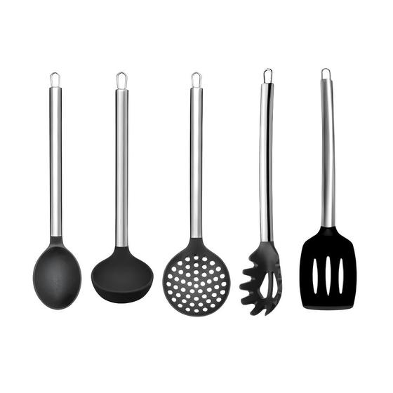 Imagem de Kit Utensílios Silicone Preto Com Cabo Inox 5 Peças Concha Colher de Arroz e Pegador