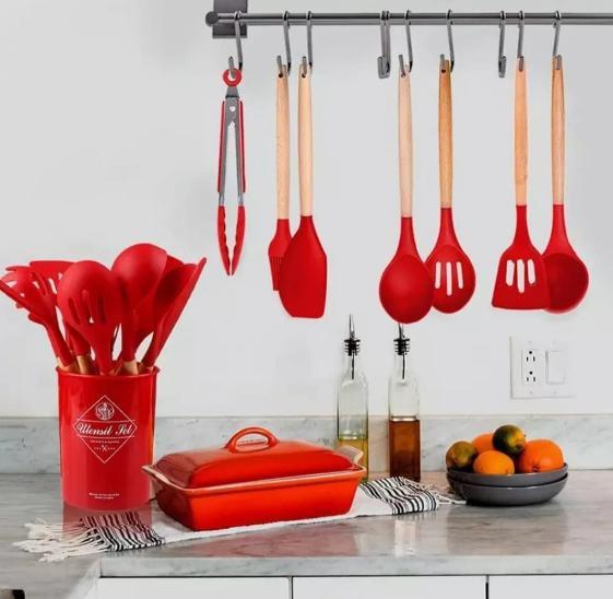 Imagem de Kit Utensílios Talheres de Cozinha Silicone 13pçs Vermelha