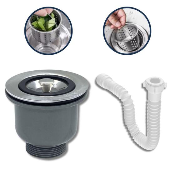 Imagem de Kit Válvula Americana  CestoHigiênico 3.1/2 Inox + Sifão Universal Extensivo Branco