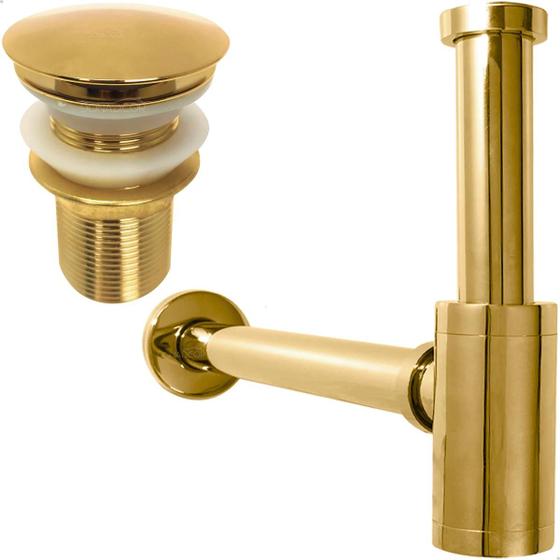 Imagem de Kit Valvula Click Dourada E Sifão Copo Lavatório 1 1/4 Cuba Lavabo Luxo Sifão Metal Gold Com Copo E Ralo De Pia Banheiro Escoamento Cuba 40mm Premium