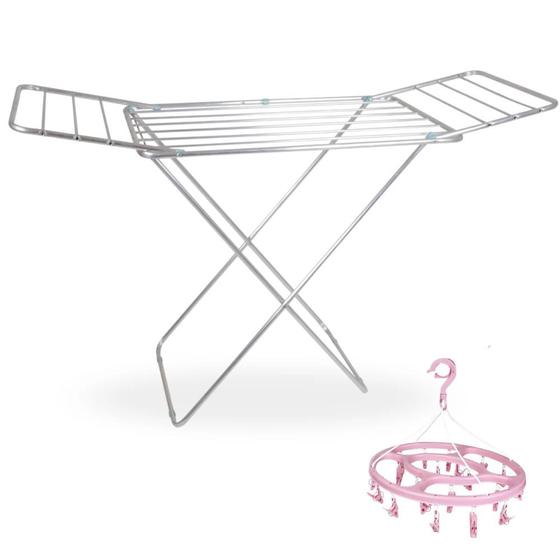 Imagem de Kit Varal de Chao Aluminio 1,53 M com Abas Portatil + Varal Roupa Intima Colorido Oval Lavanderia Mor