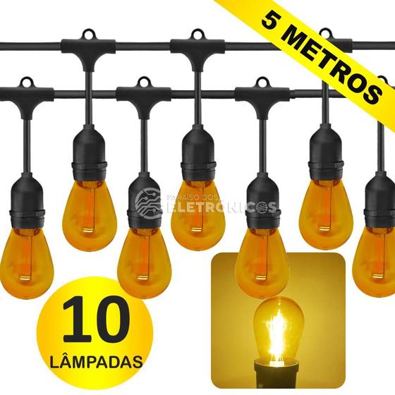 Imagem de Kit Varal de Luzes Iluminado Com 10 Lâmpadas LED S14 Retrô Econômica 1W 110v 5 Metros Amarelo KIT024