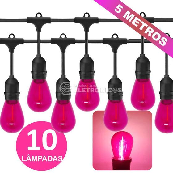 Imagem de Kit Varal de Luzes Iluminado Com 10 Lâmpadas LED S14 Retrô Econômica 1W 110v 5 Metros Pink KIT032