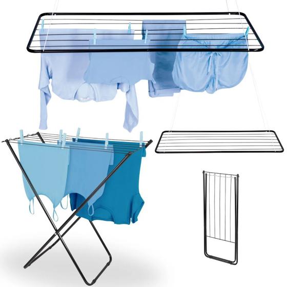 Imagem de Kit Varal de Teto 120 Cm + Kit Instalacao + Varal Chao Preto em Aco de 75 Cm Lavanderia Apartamento Mor