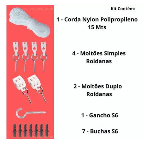Imagem de Kit Varal De Teto Premium Roldanas Com Corda 15Mt Cor Branco