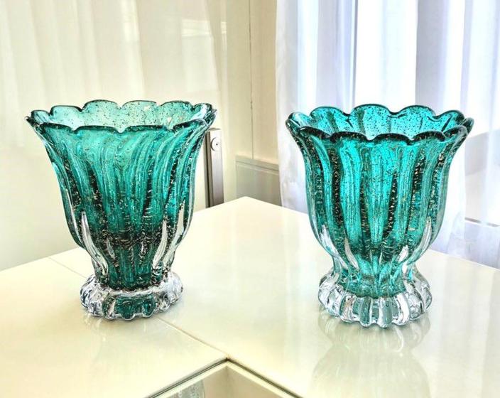 Imagem de Kit Vaso de Vidro Murano Verde Claro Com Dourado Gemelli I