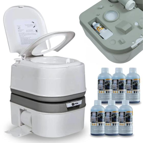 Imagem de Kit Vaso Sanitario Porta Potti Ecocamp Comfort de 24 L + 6 Solventes para Banheiro Quimico Eco Bac Bus Ntk 250ml  Nautika 