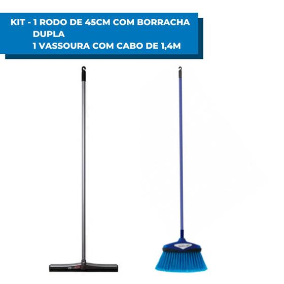Imagem de Kit Vassoura Multiuso E Rodo Borracha Dupla 45cm Com Cabo