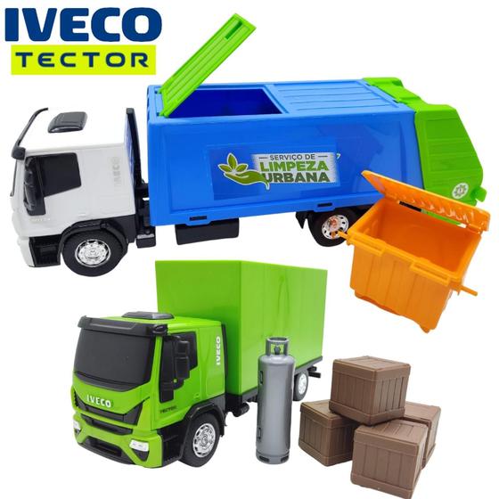 Imagem de Kit Veículos De Brinquedo Realista Para Crianças Caminhão Baú E Acessórios + Caminhão Do Lixo