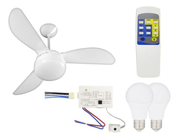 Imagem de Kit Ventilador Teto 220V+ Controle 5 Vel+2 Lâmpadas LED 9W