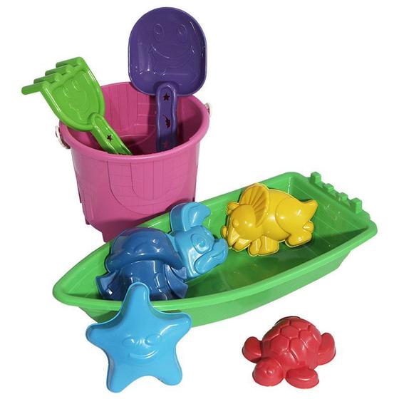 Imagem de Kit Verão Areia Balde Barco e Forminhas Brinquedo Praia Rosa