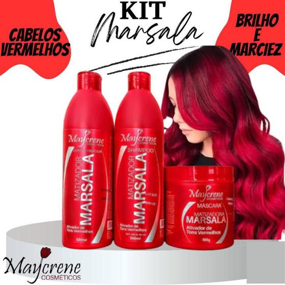 Imagem de Kit vermelho marsala maycrene com 3 passos cor intensa cabelos vivos e fortes