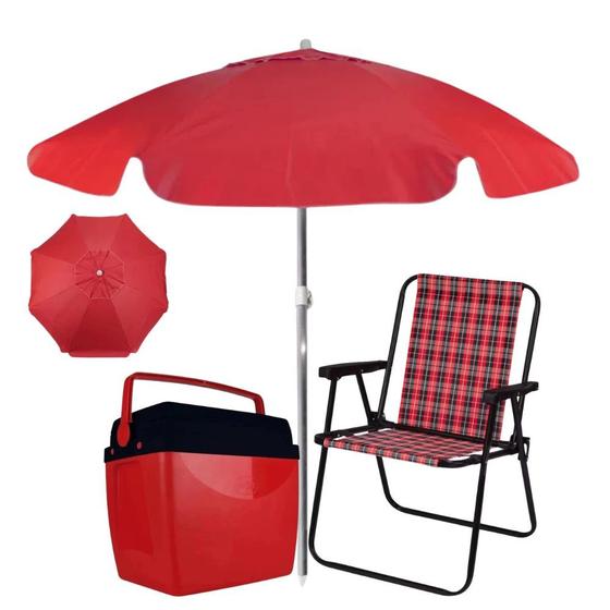 Imagem de Kit Vermelho / Preto com Guarda Sol 1,60 M + Cooler 34 L + Cadeira de Praia