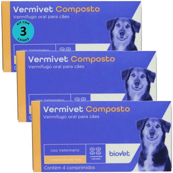 Imagem de Kit Vermífugo Vermivet Composto Biovet 600mg c/ 4 Comprimidos C/ 3 unidades